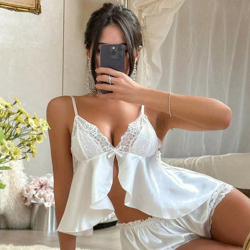 Women's Lace Splice Ruffle Trim Sexy Lingerie Set